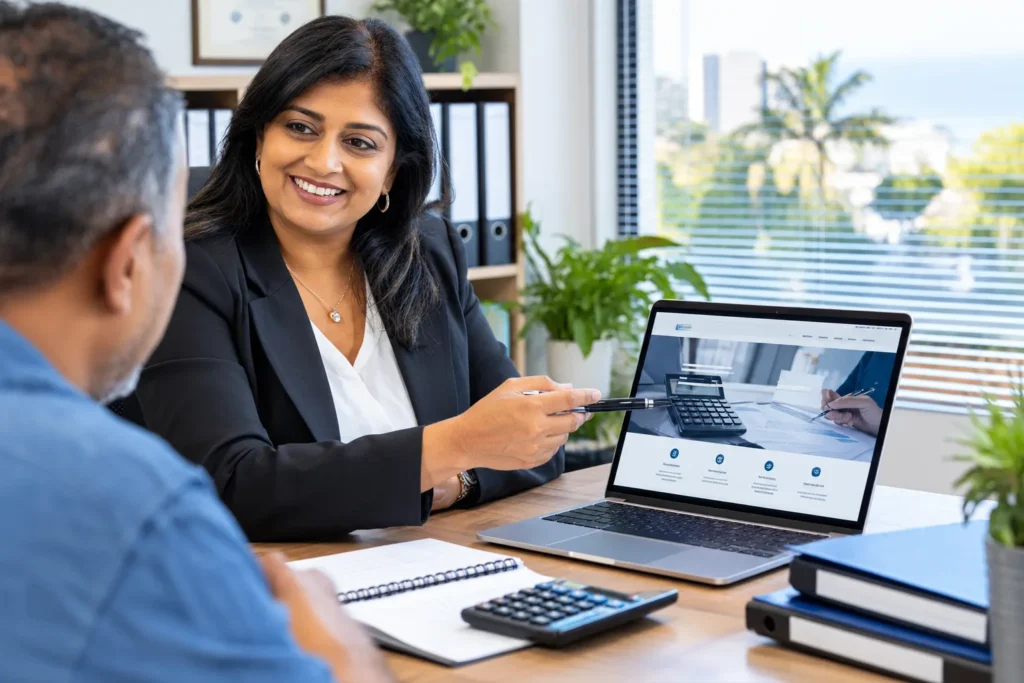 South African accountant showing a client a professional accounting firm website on a laptop in a Durban office