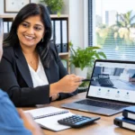 South African accountant showing a client a professional accounting firm website on a laptop in a Durban office