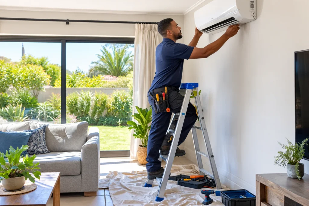 Technician installing a split unit aircon in a South African living room