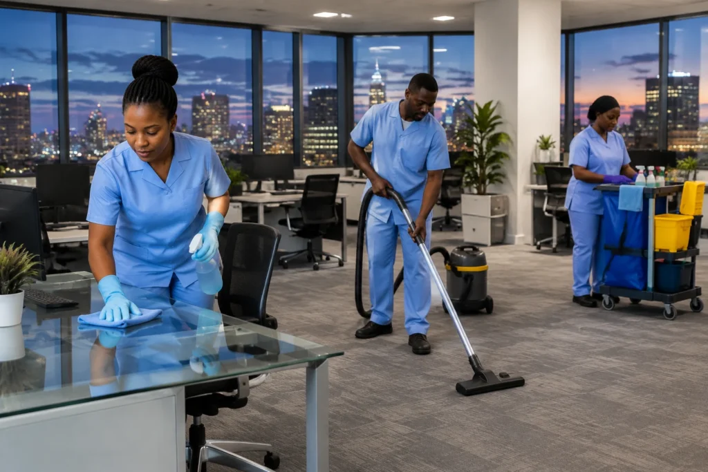 Cleaning team cleaning a modern open-plan office after hours