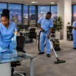 Cleaning team cleaning a modern open-plan office after hours
