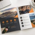 Printed company profile brochure with business cards on a desk