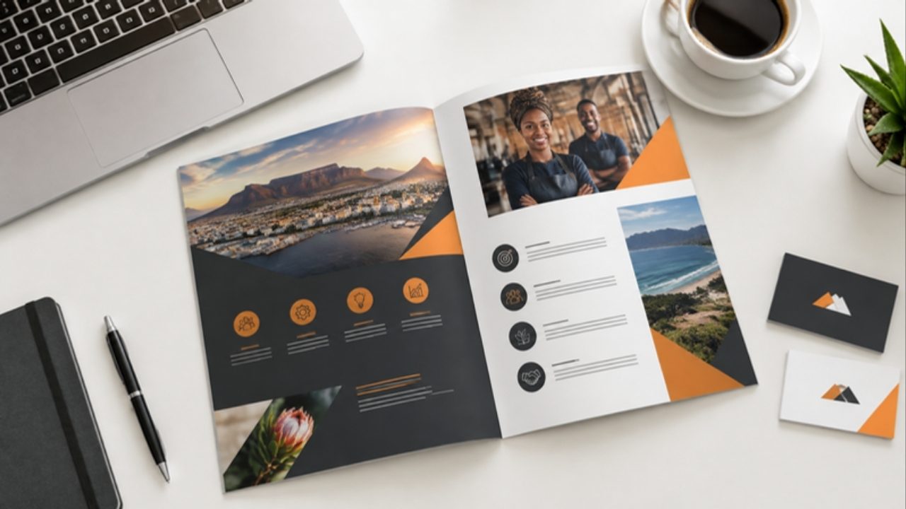 Printed company profile brochure with business cards on a desk