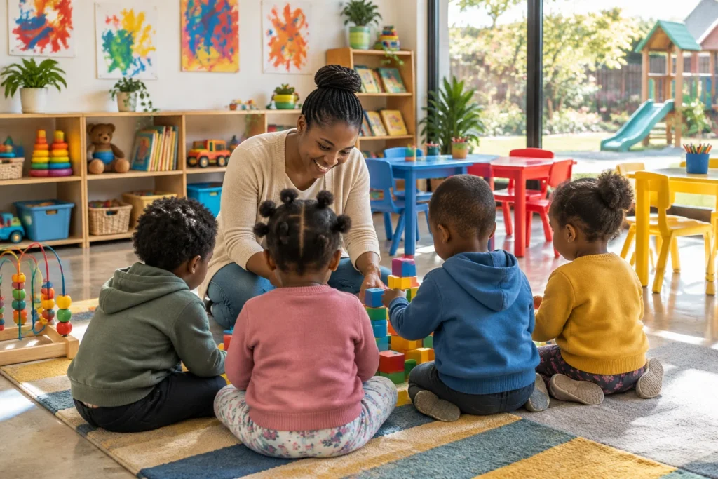 Teacher playing with toddlers and building blocks in a bright South African crèche classroom