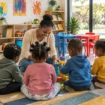 Teacher playing with toddlers and building blocks in a bright South African crèche classroom