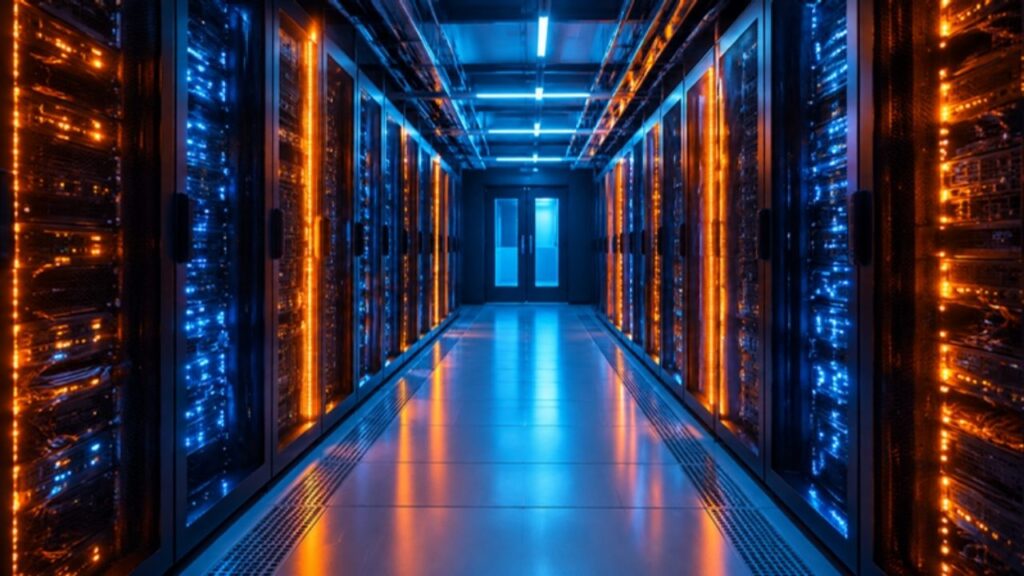 Web hosting server room with orange and blue lights
