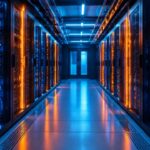 Web hosting server room with orange and blue lights
