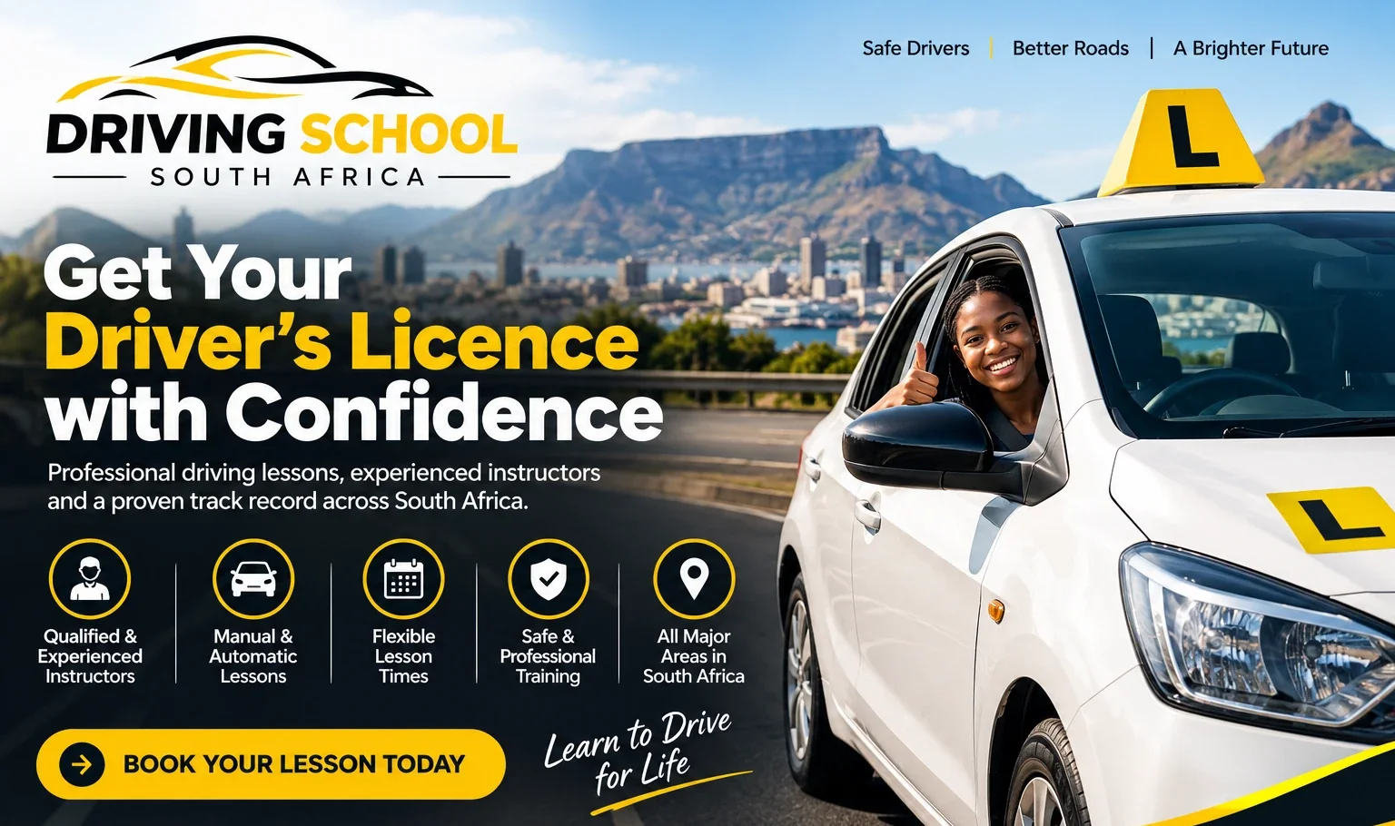 Smiling learner driver giving a thumbs up from a driving school car with L-plates – website for driving schools in South Africa