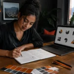 South African entrepreneur sketching logo ideas in a notebook beside a laptop showing simple logo shapes