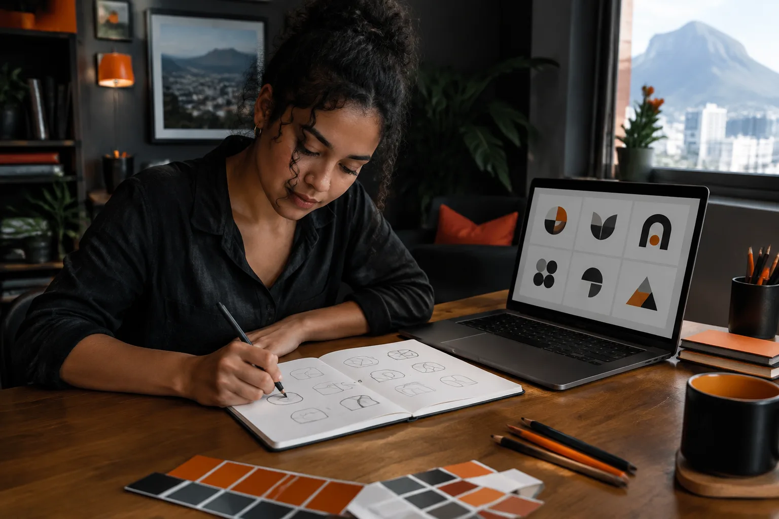 South African entrepreneur sketching logo ideas in a notebook beside a laptop showing simple logo shapes