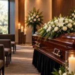 Funeral parlour chapel with a wooden coffin, white lilies and candles – website for funeral parlours in South Africa