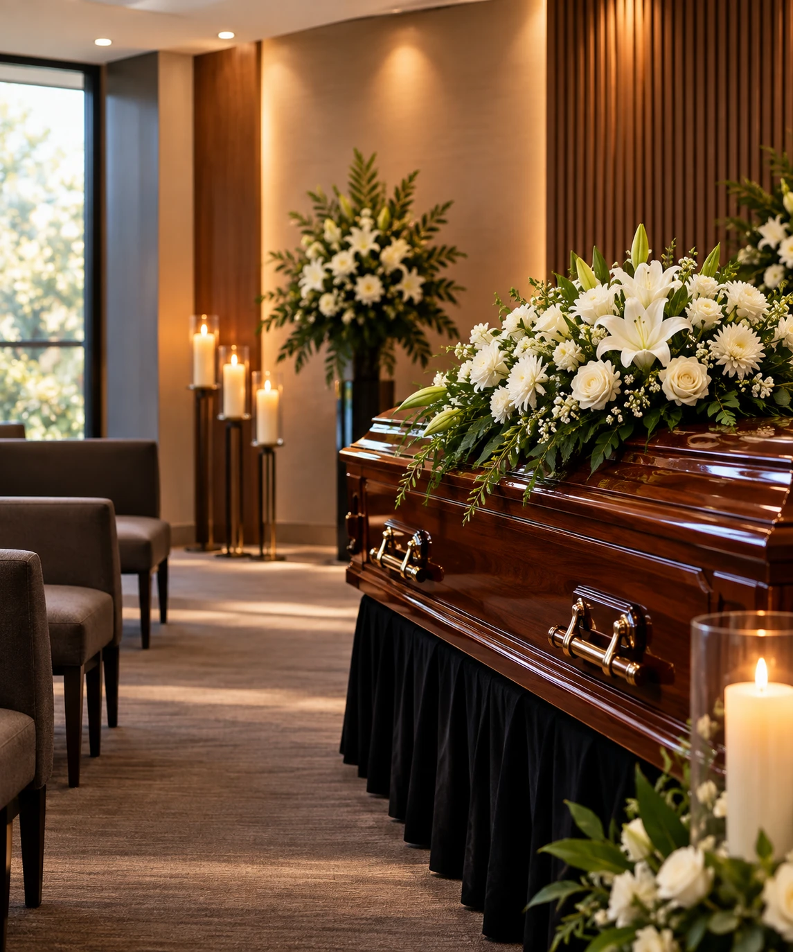 Funeral parlour chapel with a wooden coffin, white lilies and candles – website for funeral parlours in South Africa