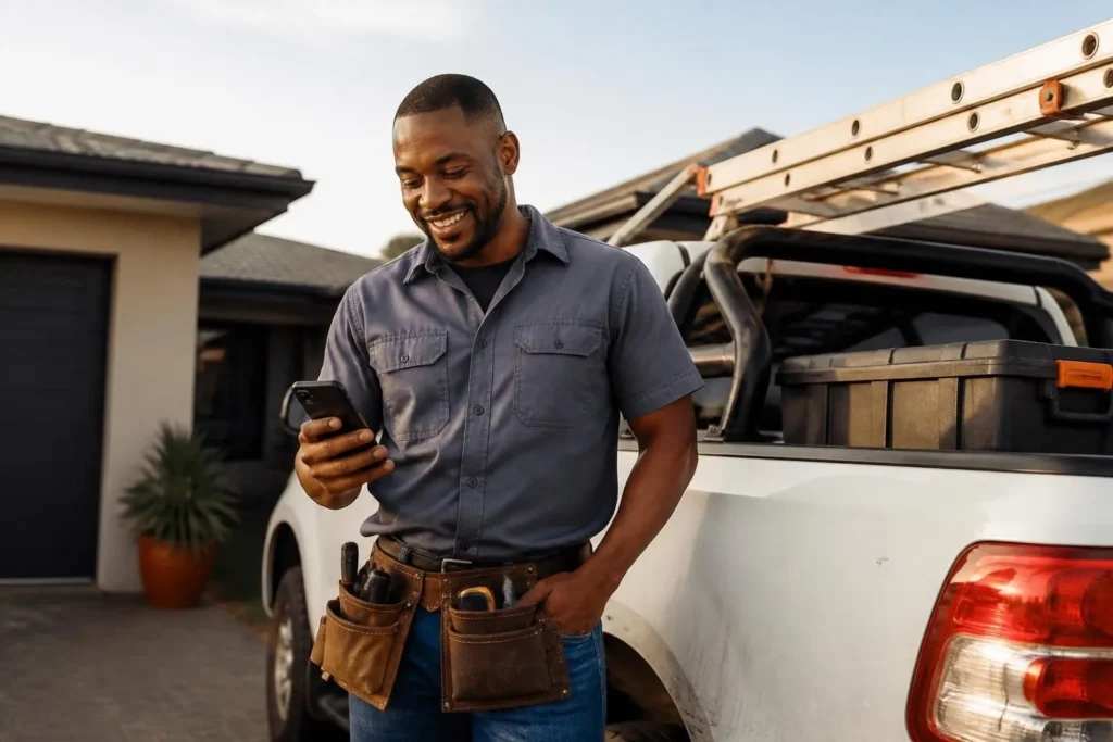 South African handyman beside his bakkie checking a new job enquiry on his phone