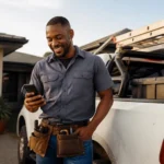 South African handyman beside his bakkie checking a new job enquiry on his phone