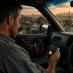 South African electrician in his bakkie checking a Google Ads dashboard with rising clicks on his phone