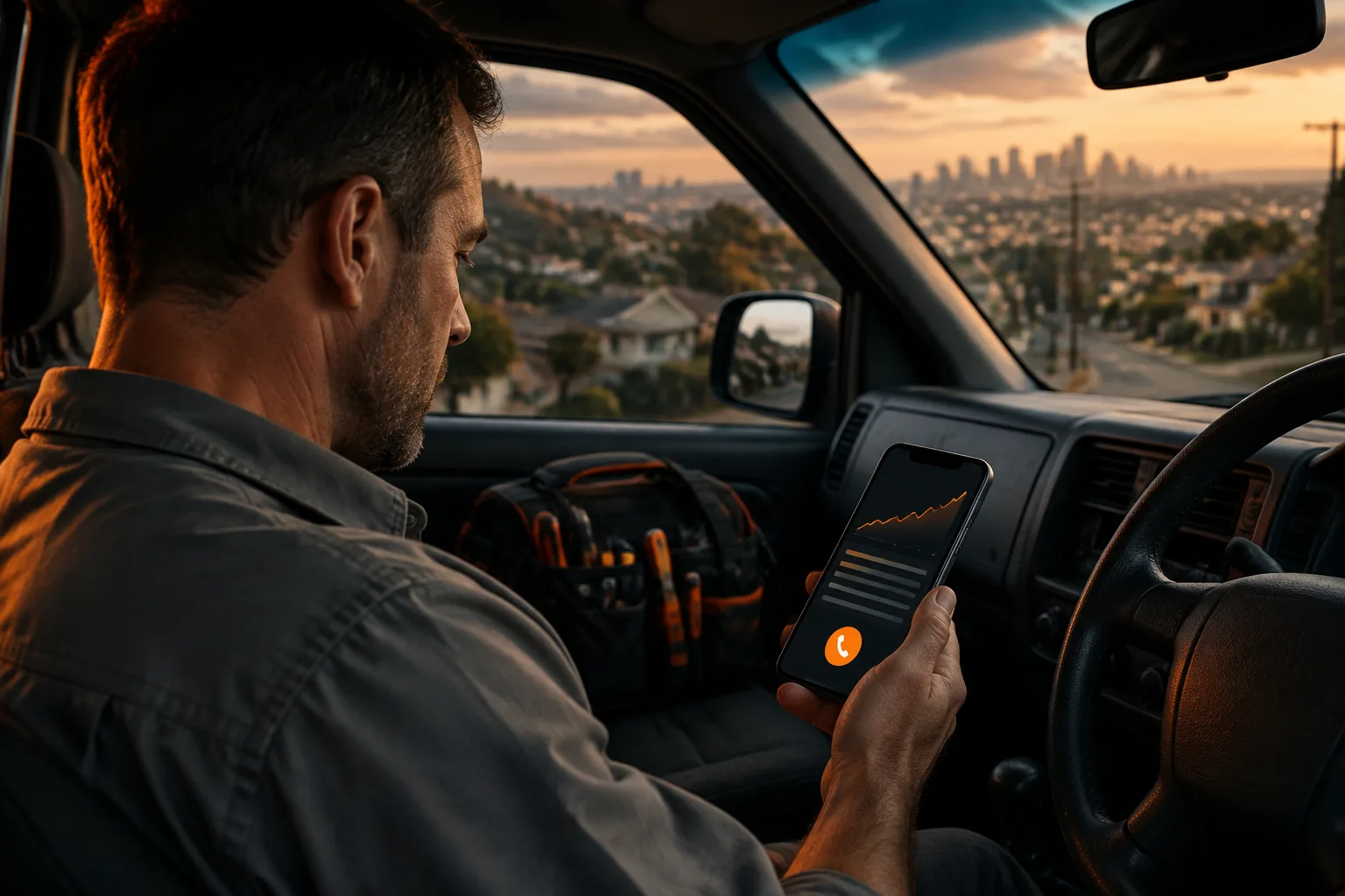South African electrician in his bakkie checking a Google Ads dashboard with rising clicks on his phone