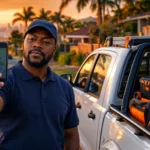 South African tradesman recording a Google Business Profile verification video next to his work bakkie in Durban