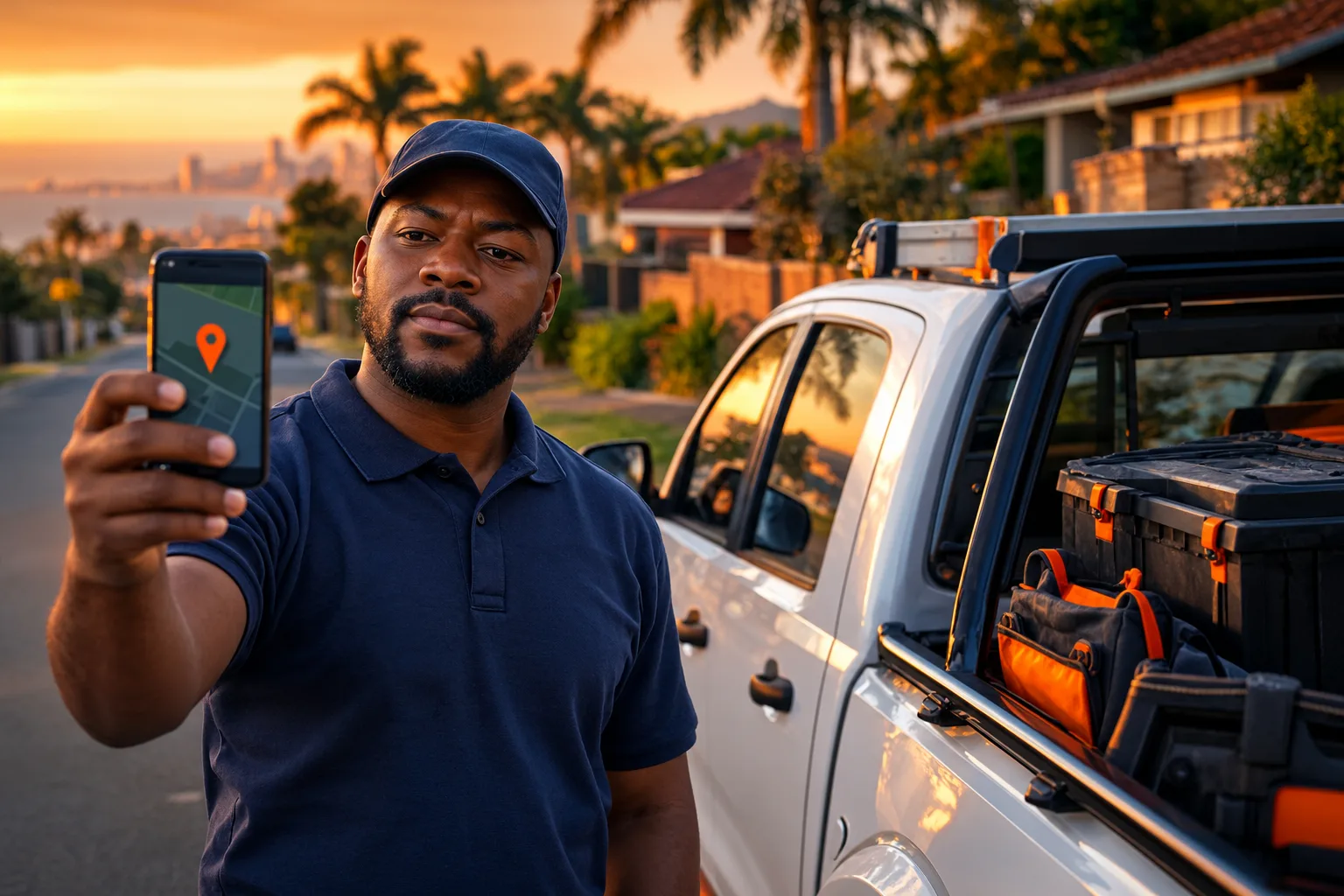 South African tradesman recording a Google Business Profile verification video next to his work bakkie in Durban