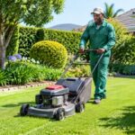 Gardener mowing a lawn in a landscaped South African garden