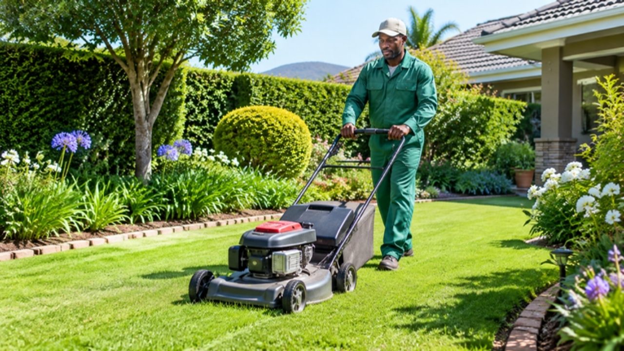 Gardener mowing a lawn in a landscaped South African garden