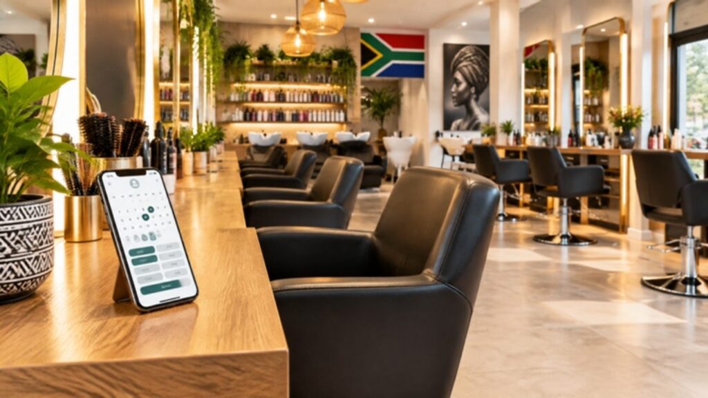 Modern hair salon with a phone showing an online booking calendar