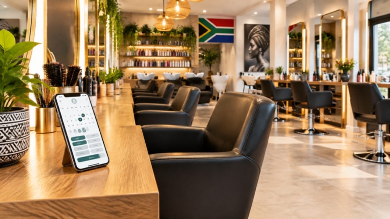 Modern hair salon with a phone showing an online booking calendar