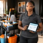 South African cleaning business owner with a cleaning trolley and a booking calendar on a tablet