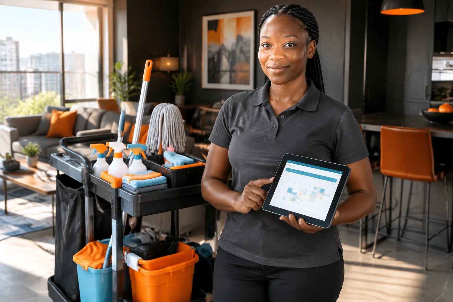 South African cleaning business owner with a cleaning trolley and a booking calendar on a tablet