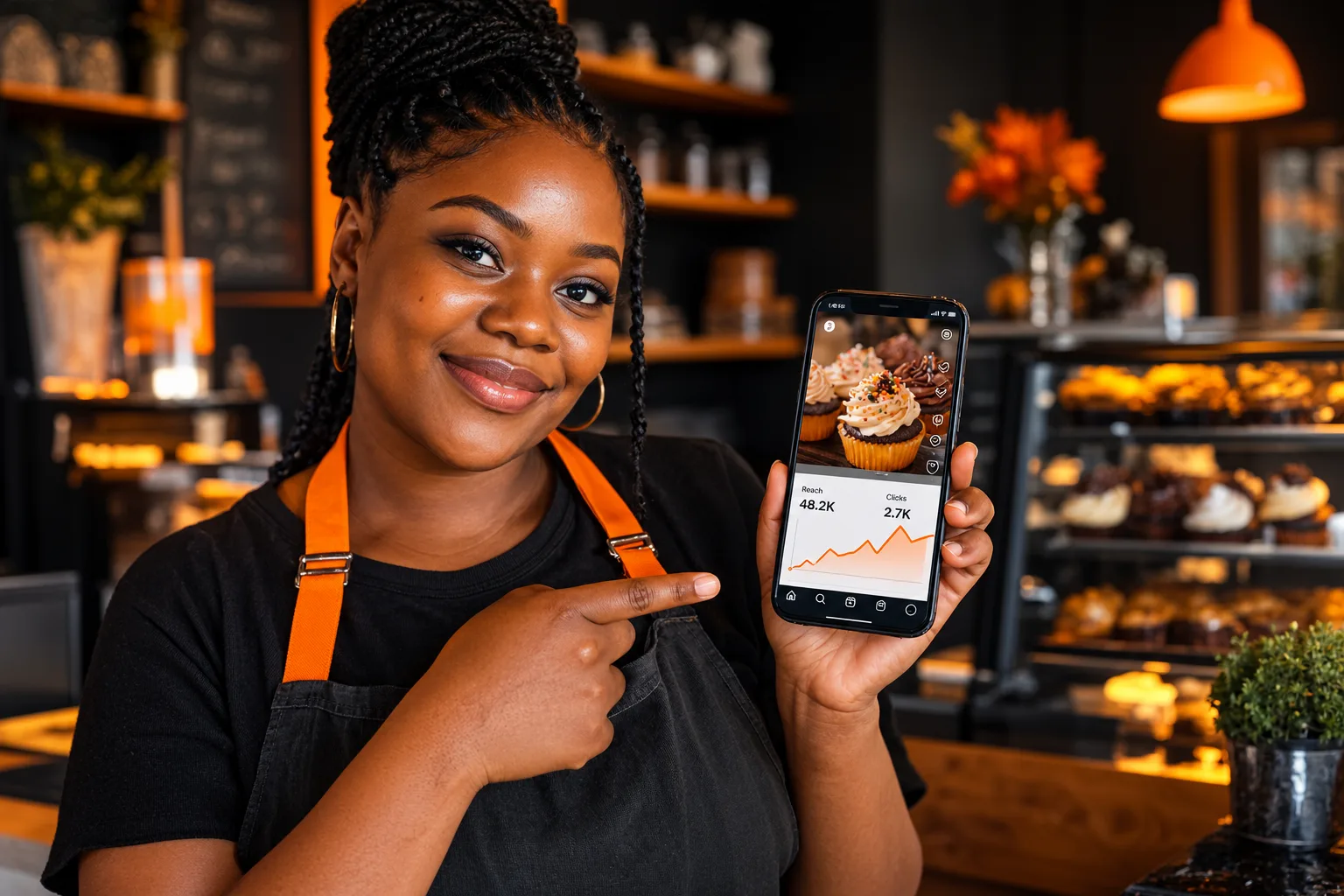 South African bakery owner showing an Instagram Reels ad and its reach and clicks on her phone
