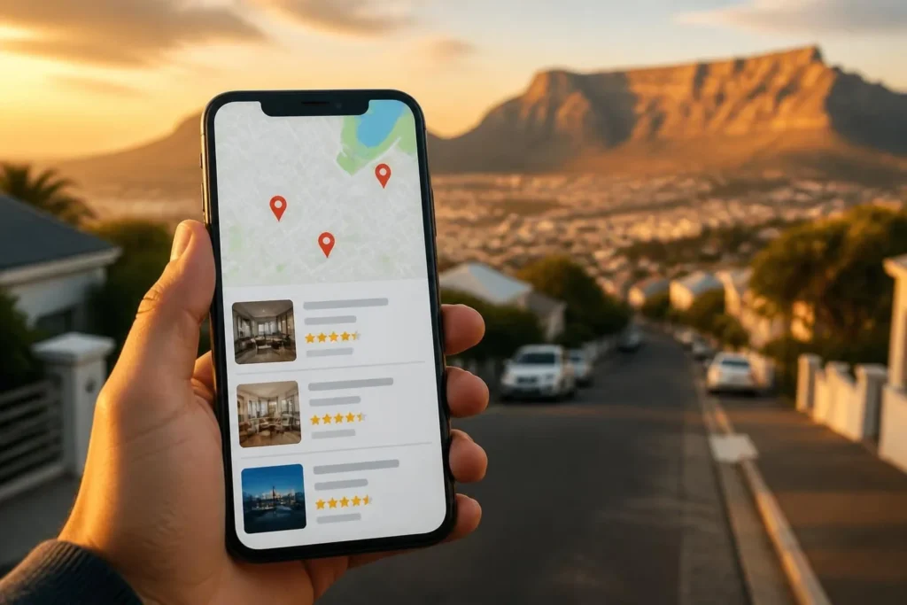 Phone showing a Google Maps local search with business listings in a South African suburb – local SEO