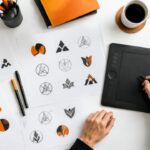 Designer sketching logo concepts with orange and black colour swatches
