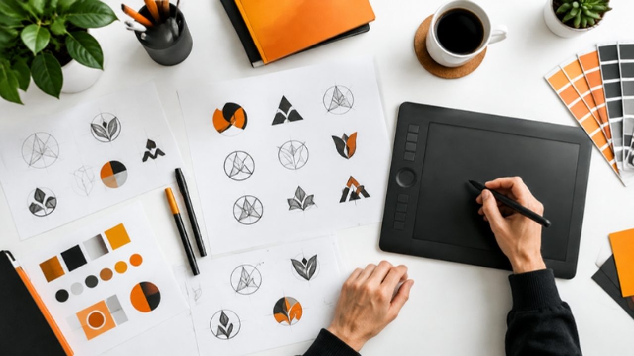 Designer sketching logo concepts with orange and black colour swatches