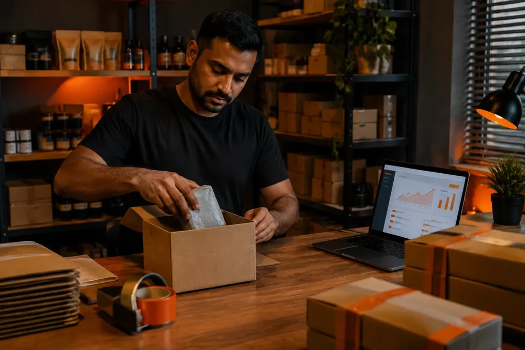 South African online store owner packing an order into a courier box beside a laptop showing an orders dashboard