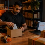 South African online store owner packing an order into a courier box beside a laptop showing an orders dashboard