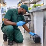 Pest control technician checking a rodent bait station in a commercial kitchen