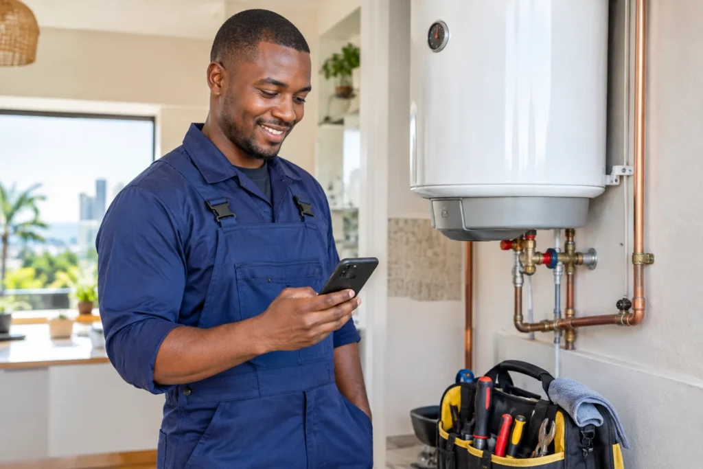 South African plumber next to a newly installed geyser checking a WhatsApp message from a customer