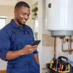 South African plumber next to a newly installed geyser checking a WhatsApp message from a customer