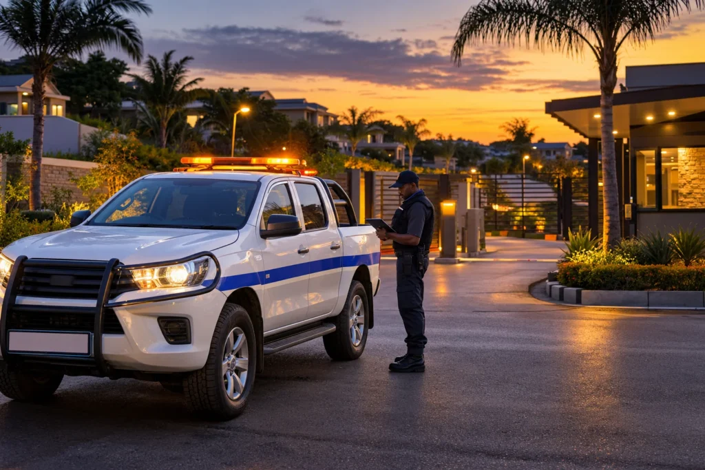 Security response vehicle and officer at the gate of a South African estate at dusk