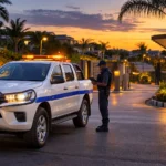 Security response vehicle and officer at the gate of a South African estate at dusk