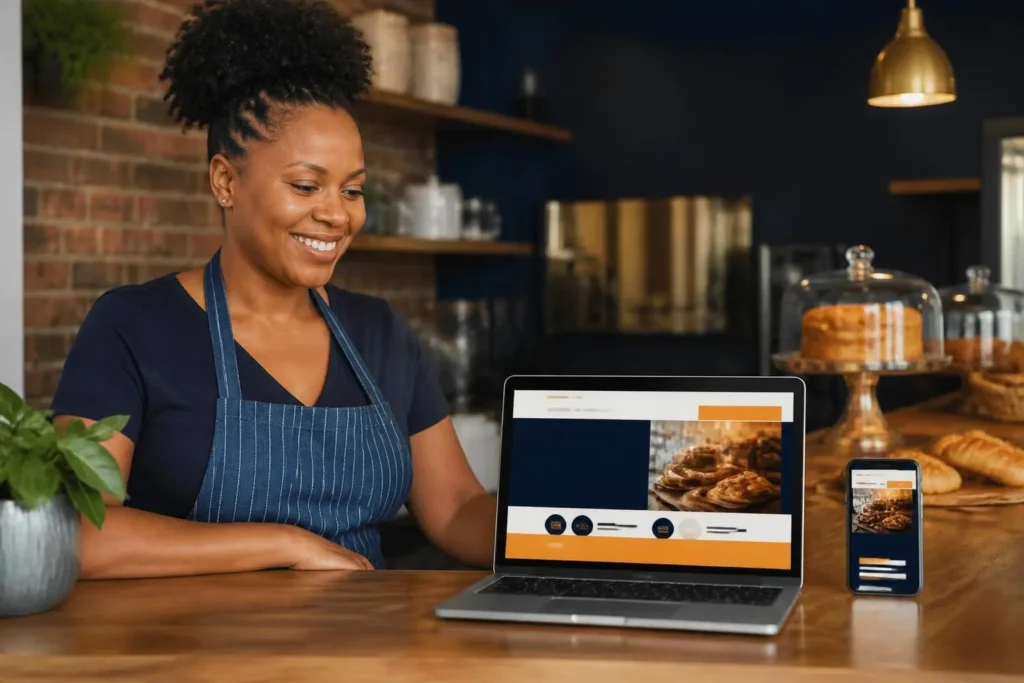 South African small business owner reviewing her new website on a laptop in her bakery