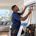 Air conditioning technician installing a split-unit aircon with manifold gauges in a Durban home