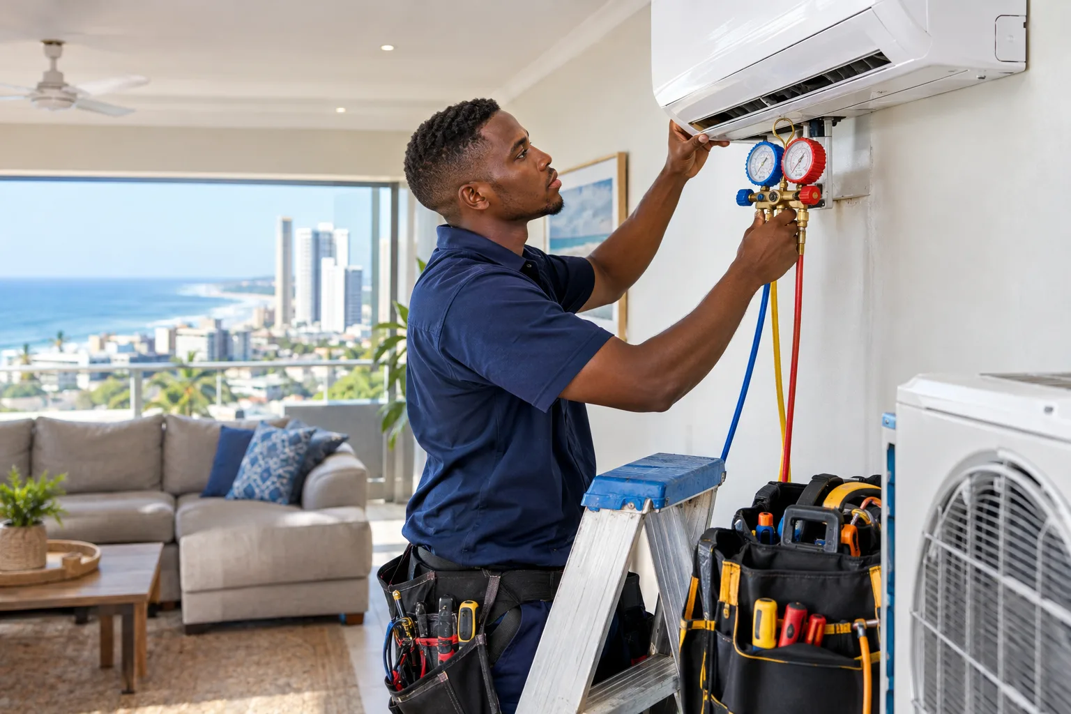 Air conditioning technician installing a split-unit aircon with manifold gauges in a Durban home