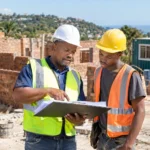 South African building contractor and apprentice reviewing plans on a residential building site