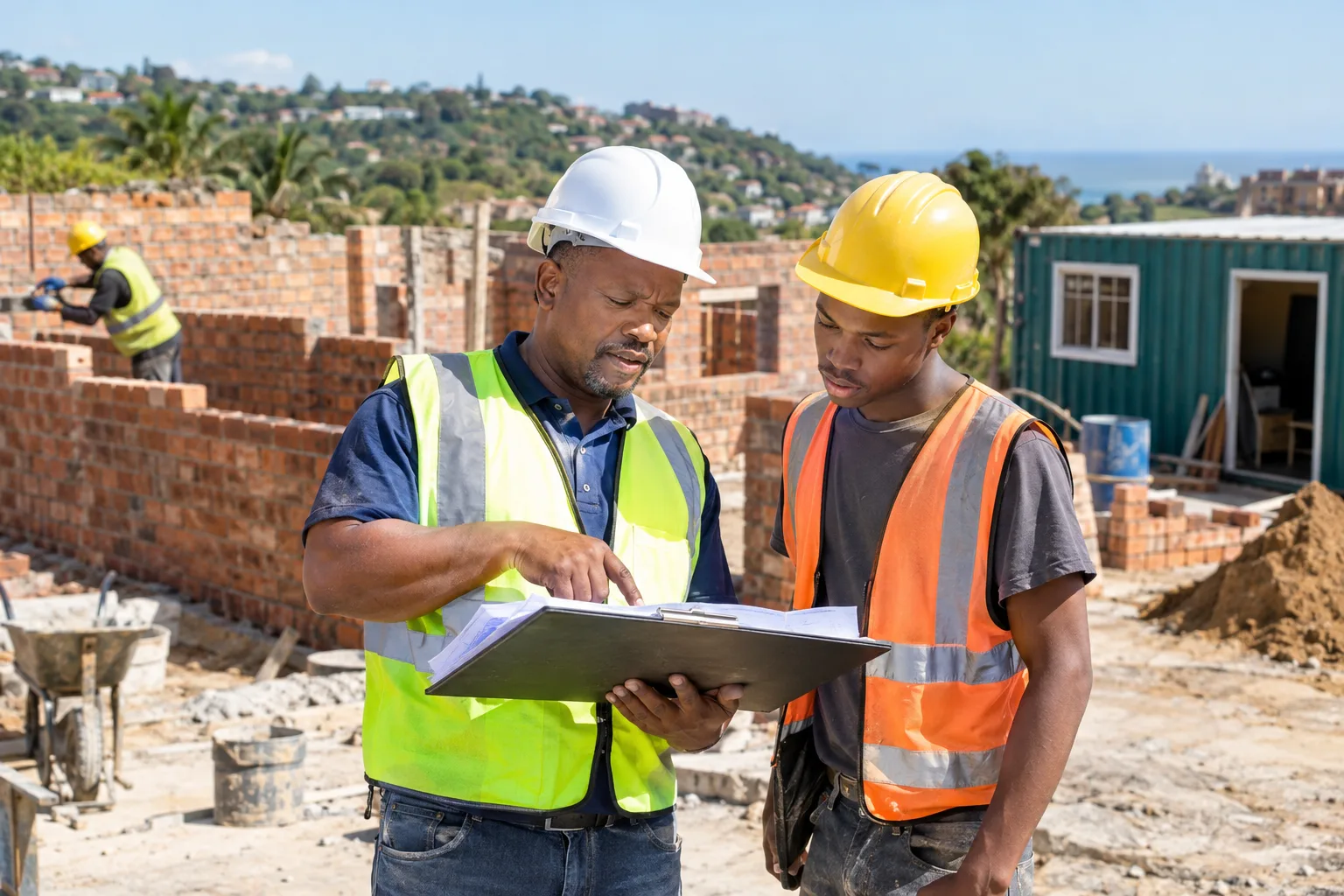 South African building contractor and apprentice reviewing plans on a residential building site