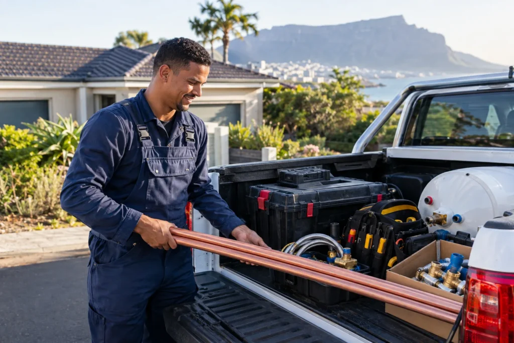 Self-employed plumber loading copper pipes and tools into a bakkie outside a Cape Town home