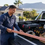 Self-employed plumber loading copper pipes and tools into a bakkie outside a Cape Town home