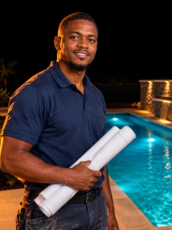 Newly built swimming pool in a South African garden – web design for pool builders