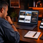 South African business owner comparing three website design packages on a laptop and tablet