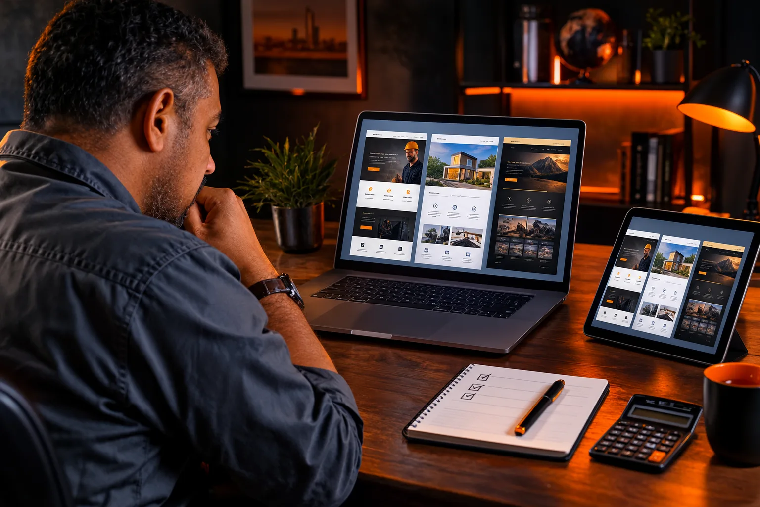 South African business owner comparing three website design packages on a laptop and tablet